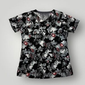 Carhartt Scrub Top Womens Small Black Floral V-Neck Pocket Force Print Nursing